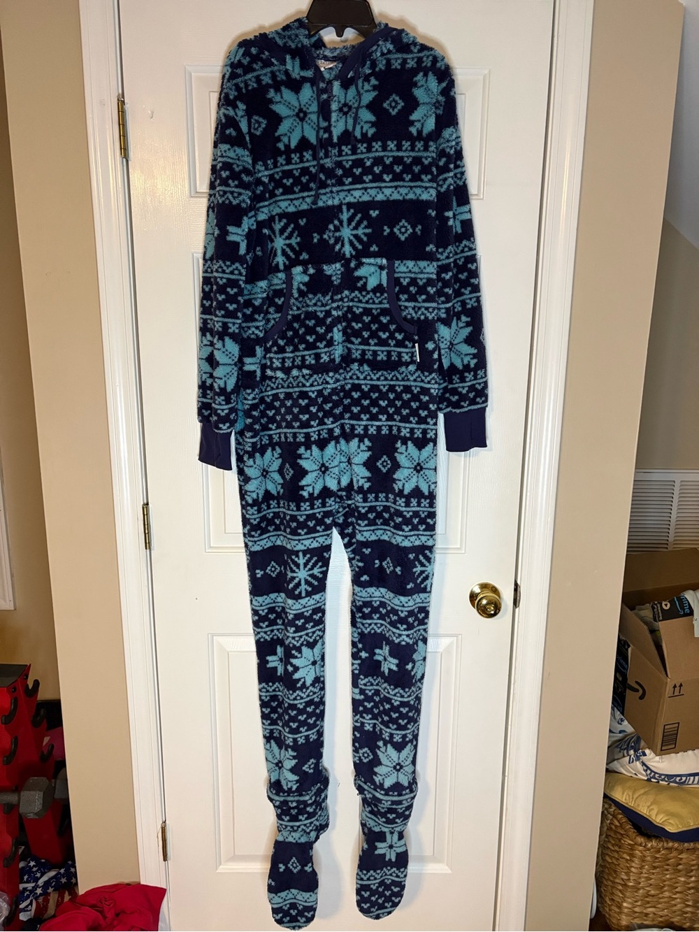 Women's Navy and Light Blue Snowflake Fleece Onesie Pajamas